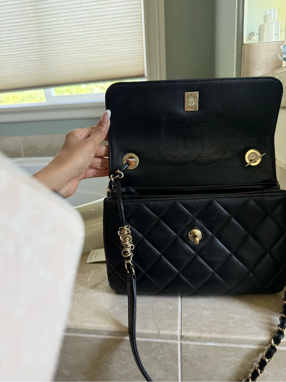 CHANEL Black Quilted Leather Satchel with Gold CC Hardware ; Small Trendy CC bag